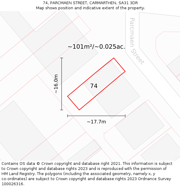 74, PARCMAEN STREET, CARMARTHEN, SA31 3DR: Plot and title map