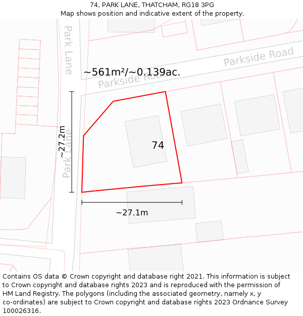 74, PARK LANE, THATCHAM, RG18 3PG: Plot and title map