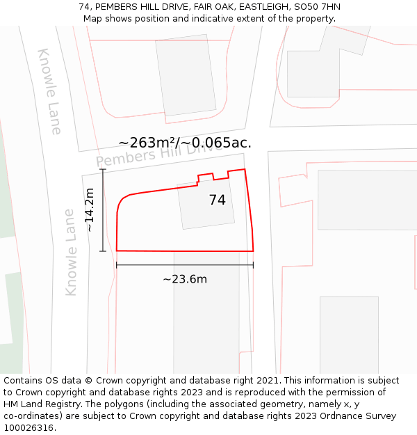 74, PEMBERS HILL DRIVE, FAIR OAK, EASTLEIGH, SO50 7HN: Plot and title map