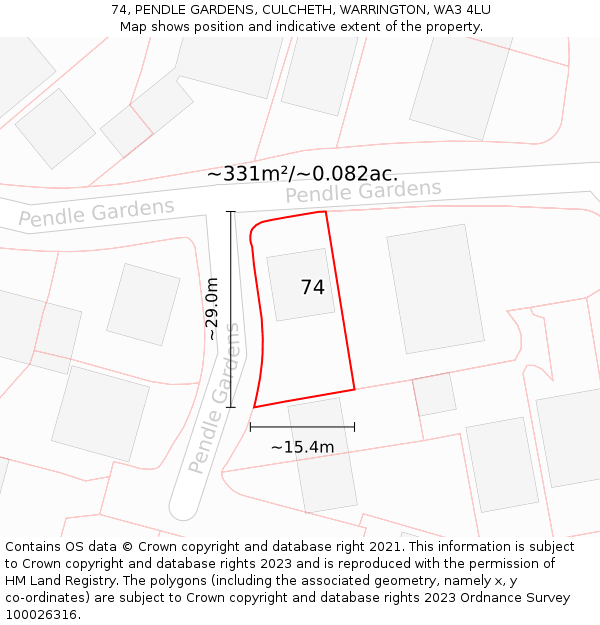 74, PENDLE GARDENS, CULCHETH, WARRINGTON, WA3 4LU: Plot and title map