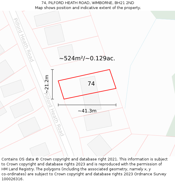 74, PILFORD HEATH ROAD, WIMBORNE, BH21 2ND: Plot and title map