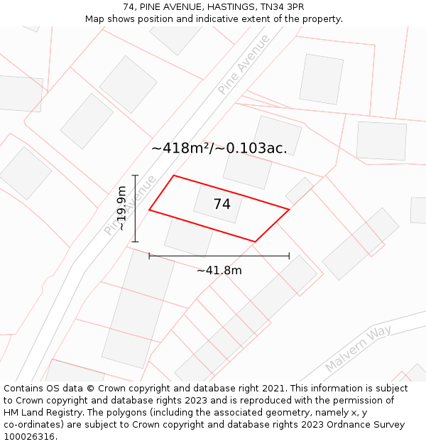 74, PINE AVENUE, HASTINGS, TN34 3PR: Plot and title map
