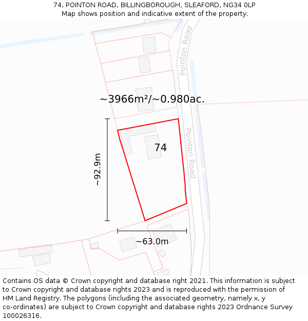 74, POINTON ROAD, BILLINGBOROUGH, SLEAFORD, NG34 0LP: Plot and title map