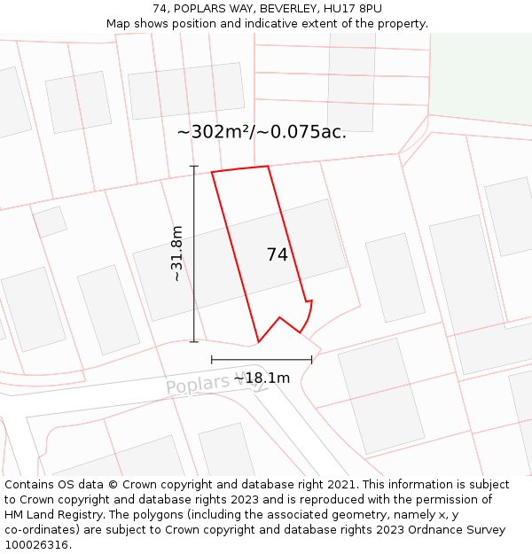 74, POPLARS WAY, BEVERLEY, HU17 8PU: Plot and title map