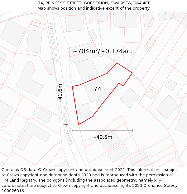 74, PRINCESS STREET, GORSEINON, SWANSEA, SA4 4FT: Plot and title map