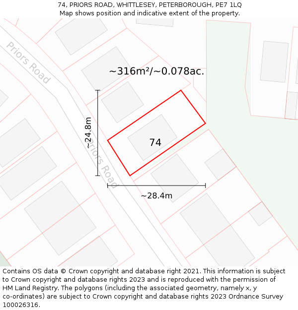 74, PRIORS ROAD, WHITTLESEY, PETERBOROUGH, PE7 1LQ: Plot and title map