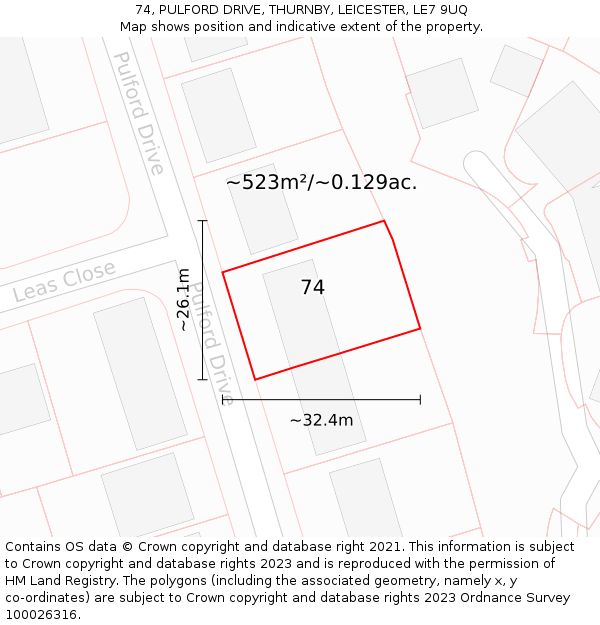 74, PULFORD DRIVE, THURNBY, LEICESTER, LE7 9UQ: Plot and title map