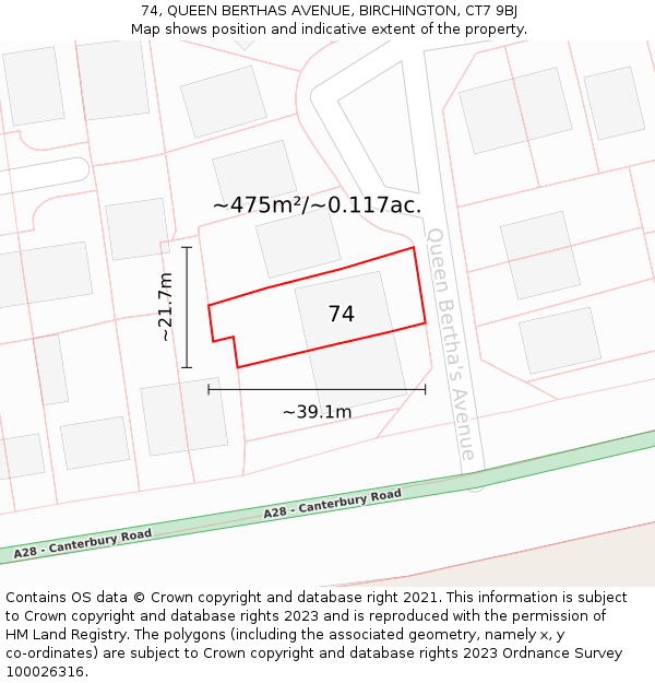 74, QUEEN BERTHAS AVENUE, BIRCHINGTON, CT7 9BJ: Plot and title map