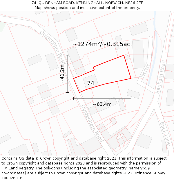 74, QUIDENHAM ROAD, KENNINGHALL, NORWICH, NR16 2EF: Plot and title map