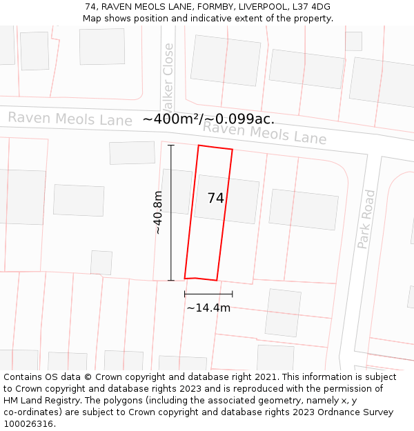 74, RAVEN MEOLS LANE, FORMBY, LIVERPOOL, L37 4DG: Plot and title map