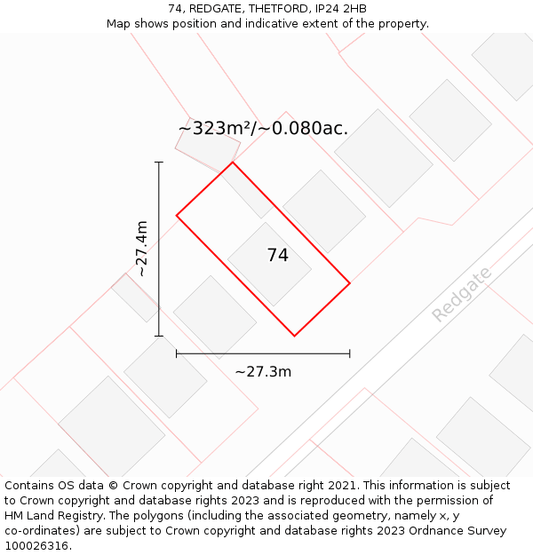 74, REDGATE, THETFORD, IP24 2HB: Plot and title map