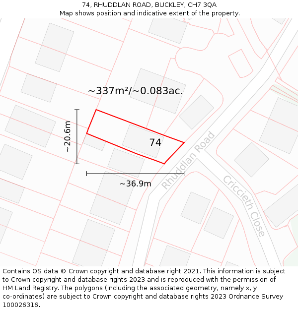 74, RHUDDLAN ROAD, BUCKLEY, CH7 3QA: Plot and title map