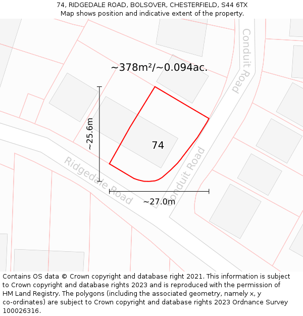 74, RIDGEDALE ROAD, BOLSOVER, CHESTERFIELD, S44 6TX: Plot and title map