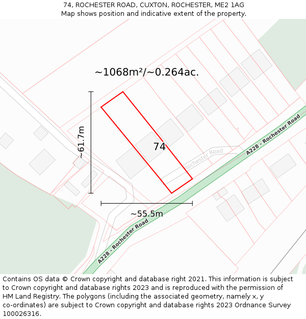 74, ROCHESTER ROAD, CUXTON, ROCHESTER, ME2 1AG: Plot and title map
