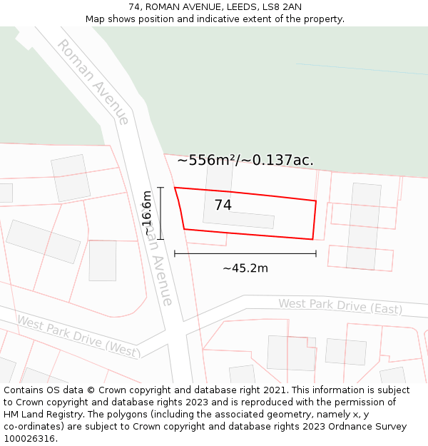 74, ROMAN AVENUE, LEEDS, LS8 2AN: Plot and title map