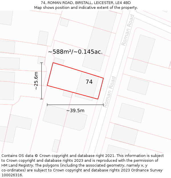 74, ROMAN ROAD, BIRSTALL, LEICESTER, LE4 4BD: Plot and title map