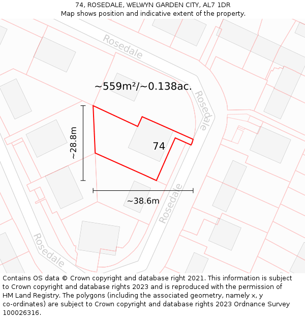 74, ROSEDALE, WELWYN GARDEN CITY, AL7 1DR: Plot and title map