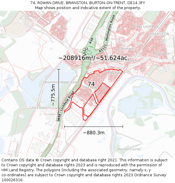 74, ROWAN DRIVE, BRANSTON, BURTON-ON-TRENT, DE14 3FY: Plot and title map