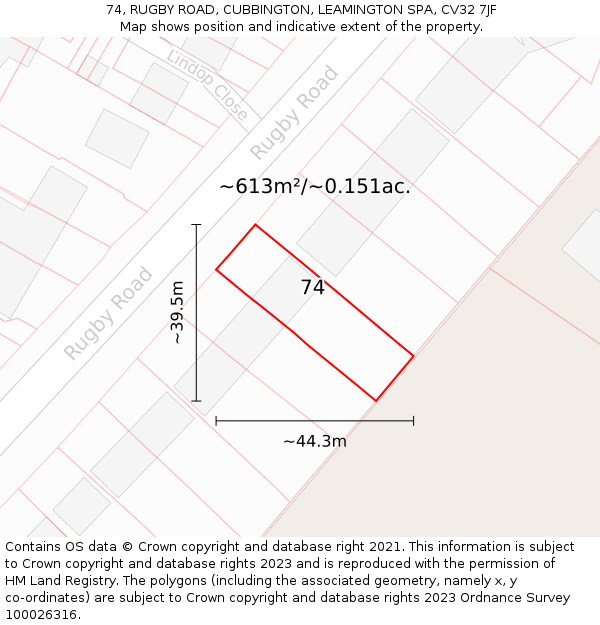 74, RUGBY ROAD, CUBBINGTON, LEAMINGTON SPA, CV32 7JF: Plot and title map