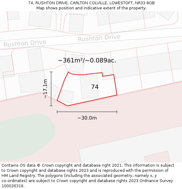 74, RUSHTON DRIVE, CARLTON COLVILLE, LOWESTOFT, NR33 8GB: Plot and title map