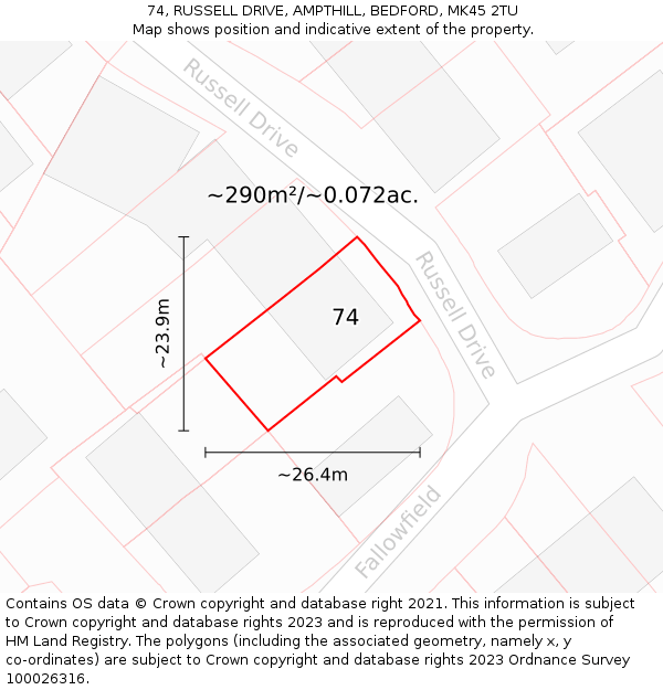 74, RUSSELL DRIVE, AMPTHILL, BEDFORD, MK45 2TU: Plot and title map