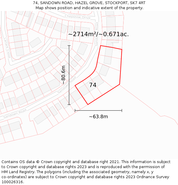 74, SANDOWN ROAD, HAZEL GROVE, STOCKPORT, SK7 4RT: Plot and title map