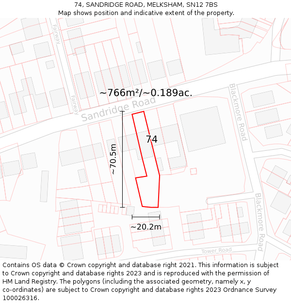 74, SANDRIDGE ROAD, MELKSHAM, SN12 7BS: Plot and title map