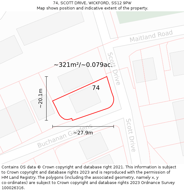 74, SCOTT DRIVE, WICKFORD, SS12 9PW: Plot and title map