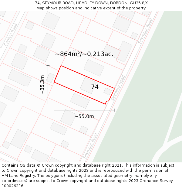 74, SEYMOUR ROAD, HEADLEY DOWN, BORDON, GU35 8JX: Plot and title map