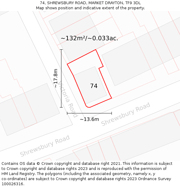 74, SHREWSBURY ROAD, MARKET DRAYTON, TF9 3DL: Plot and title map