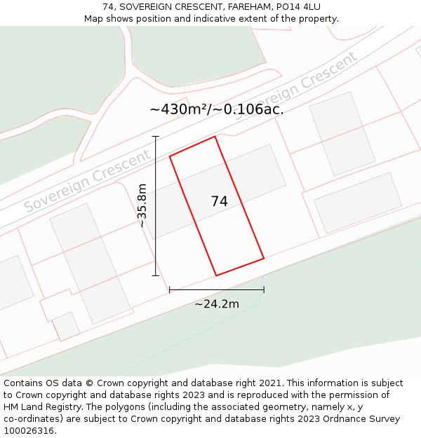 74, SOVEREIGN CRESCENT, FAREHAM, PO14 4LU: Plot and title map