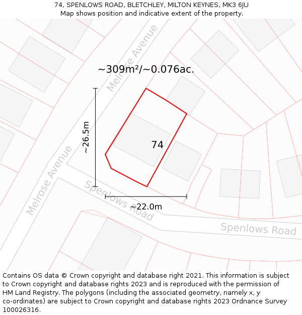 74, SPENLOWS ROAD, BLETCHLEY, MILTON KEYNES, MK3 6JU: Plot and title map