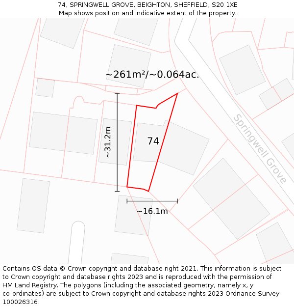 74, SPRINGWELL GROVE, BEIGHTON, SHEFFIELD, S20 1XE: Plot and title map