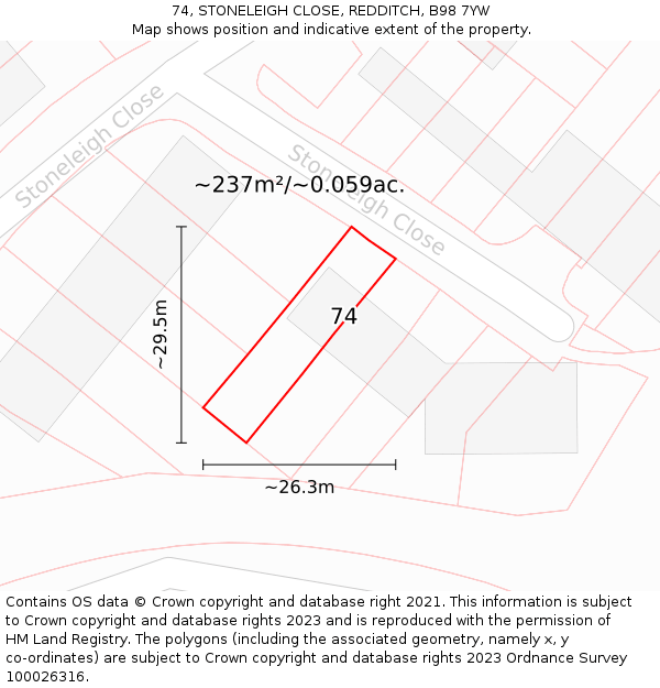 74, STONELEIGH CLOSE, REDDITCH, B98 7YW: Plot and title map