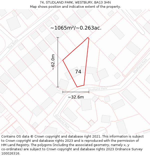 74, STUDLAND PARK, WESTBURY, BA13 3HN: Plot and title map