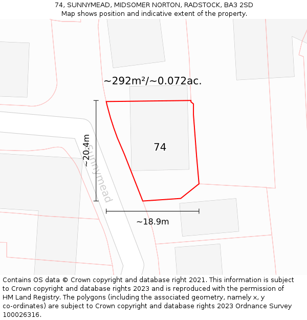 74, SUNNYMEAD, MIDSOMER NORTON, RADSTOCK, BA3 2SD: Plot and title map