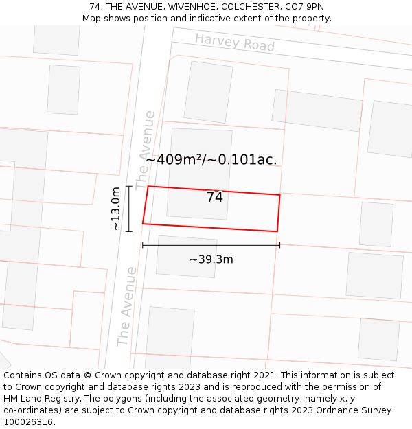 74, THE AVENUE, WIVENHOE, COLCHESTER, CO7 9PN: Plot and title map