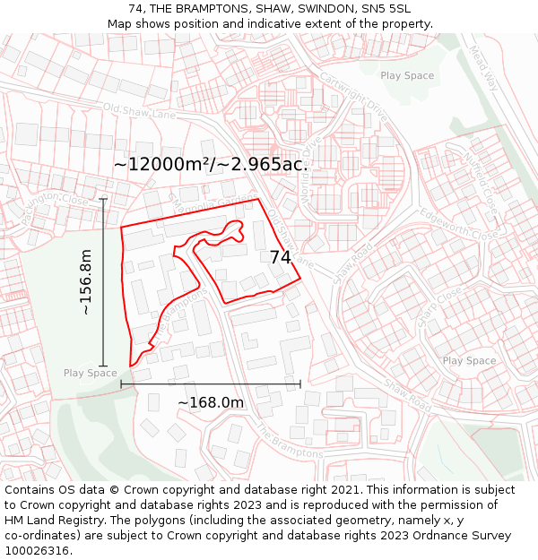 74, THE BRAMPTONS, SHAW, SWINDON, SN5 5SL: Plot and title map