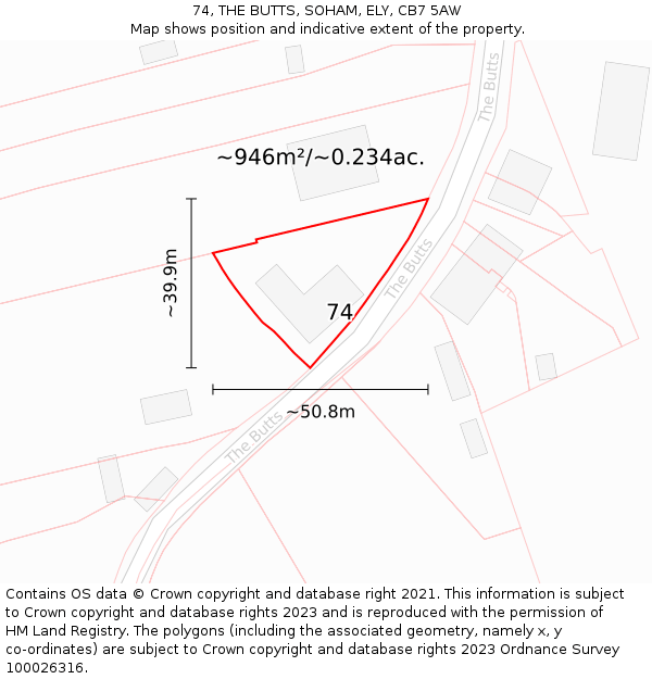 74, THE BUTTS, SOHAM, ELY, CB7 5AW: Plot and title map