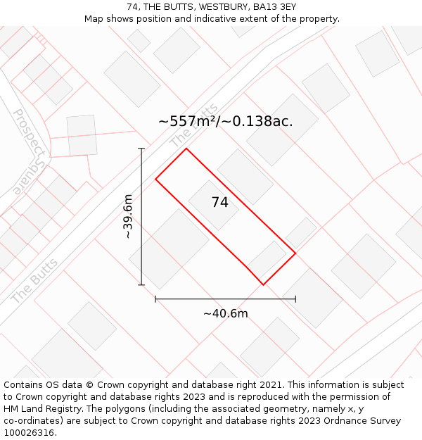 74, THE BUTTS, WESTBURY, BA13 3EY: Plot and title map