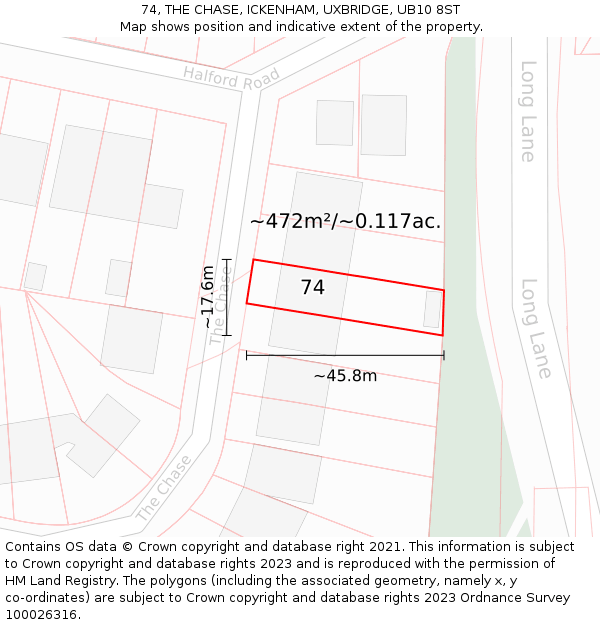 74, THE CHASE, ICKENHAM, UXBRIDGE, UB10 8ST: Plot and title map