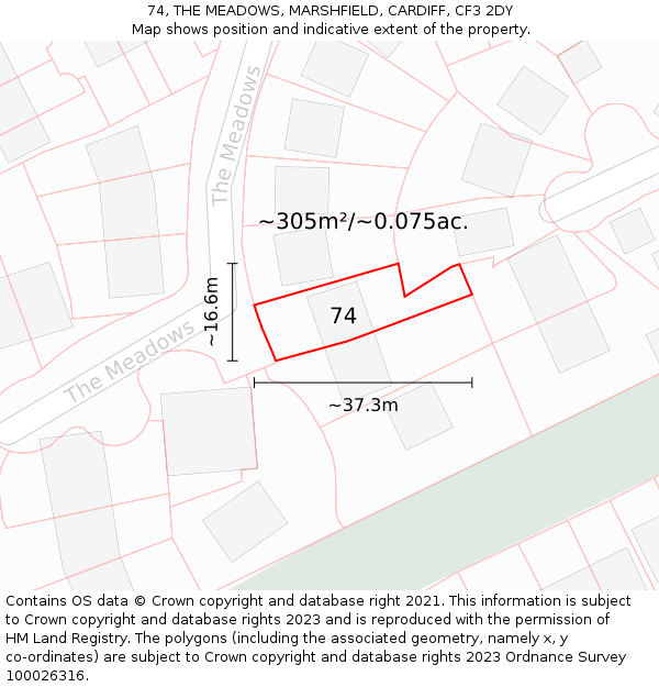 74, THE MEADOWS, MARSHFIELD, CARDIFF, CF3 2DY: Plot and title map