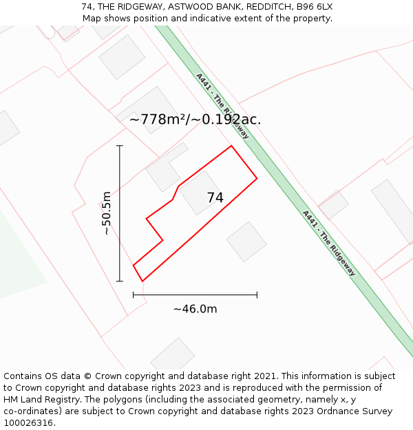 74, THE RIDGEWAY, ASTWOOD BANK, REDDITCH, B96 6LX: Plot and title map