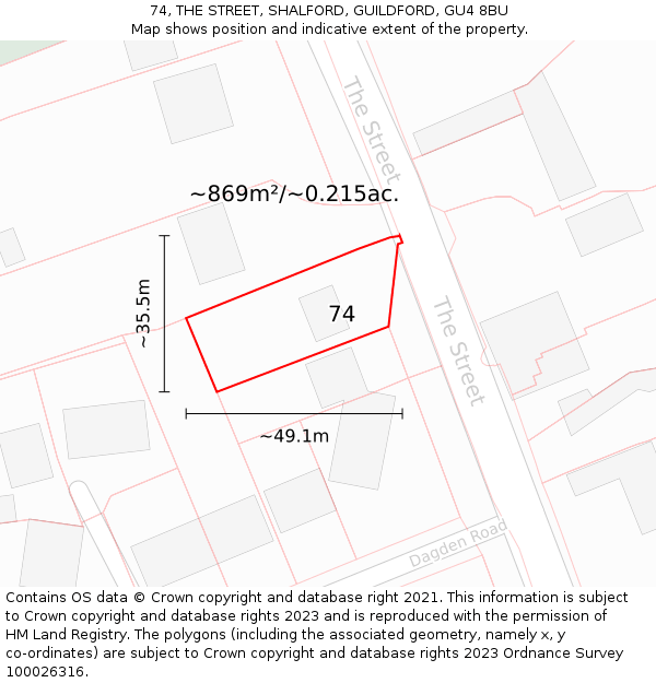 74, THE STREET, SHALFORD, GUILDFORD, GU4 8BU: Plot and title map