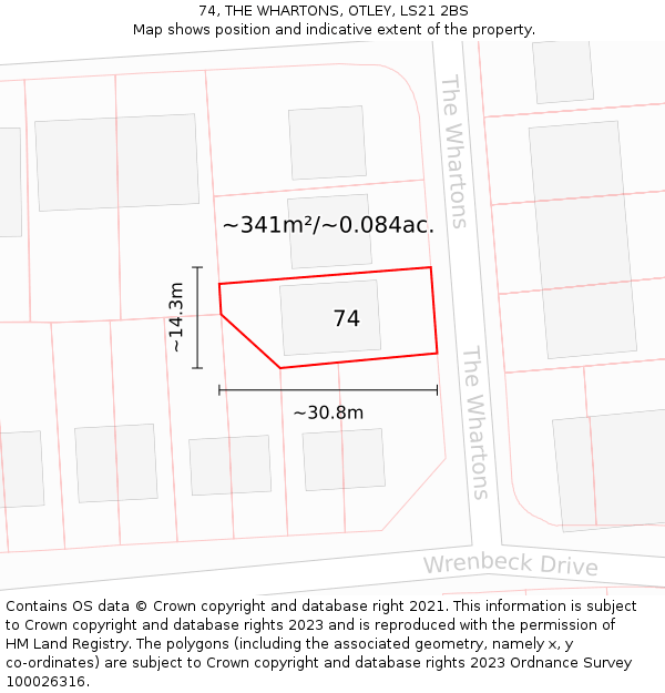 74, THE WHARTONS, OTLEY, LS21 2BS: Plot and title map