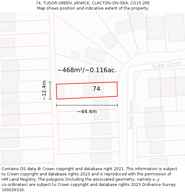 74, TUDOR GREEN, JAYWICK, CLACTON-ON-SEA, CO15 2PE: Plot and title map