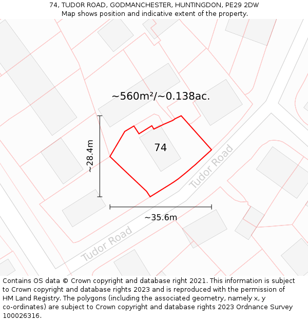 74, TUDOR ROAD, GODMANCHESTER, HUNTINGDON, PE29 2DW: Plot and title map