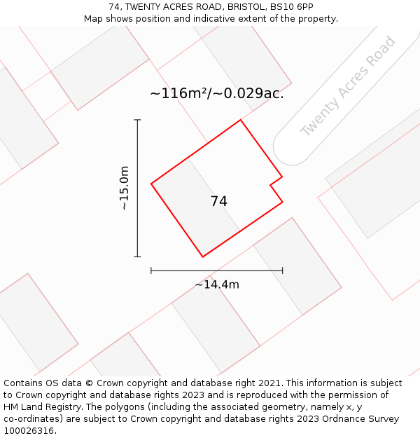 74, TWENTY ACRES ROAD, BRISTOL, BS10 6PP: Plot and title map