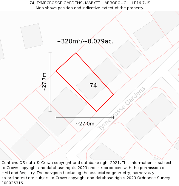 74, TYMECROSSE GARDENS, MARKET HARBOROUGH, LE16 7US: Plot and title map