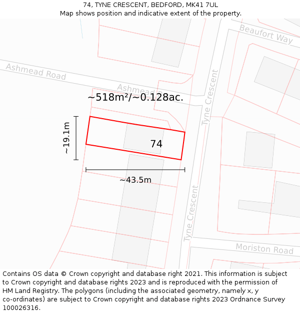 74, TYNE CRESCENT, BEDFORD, MK41 7UL: Plot and title map